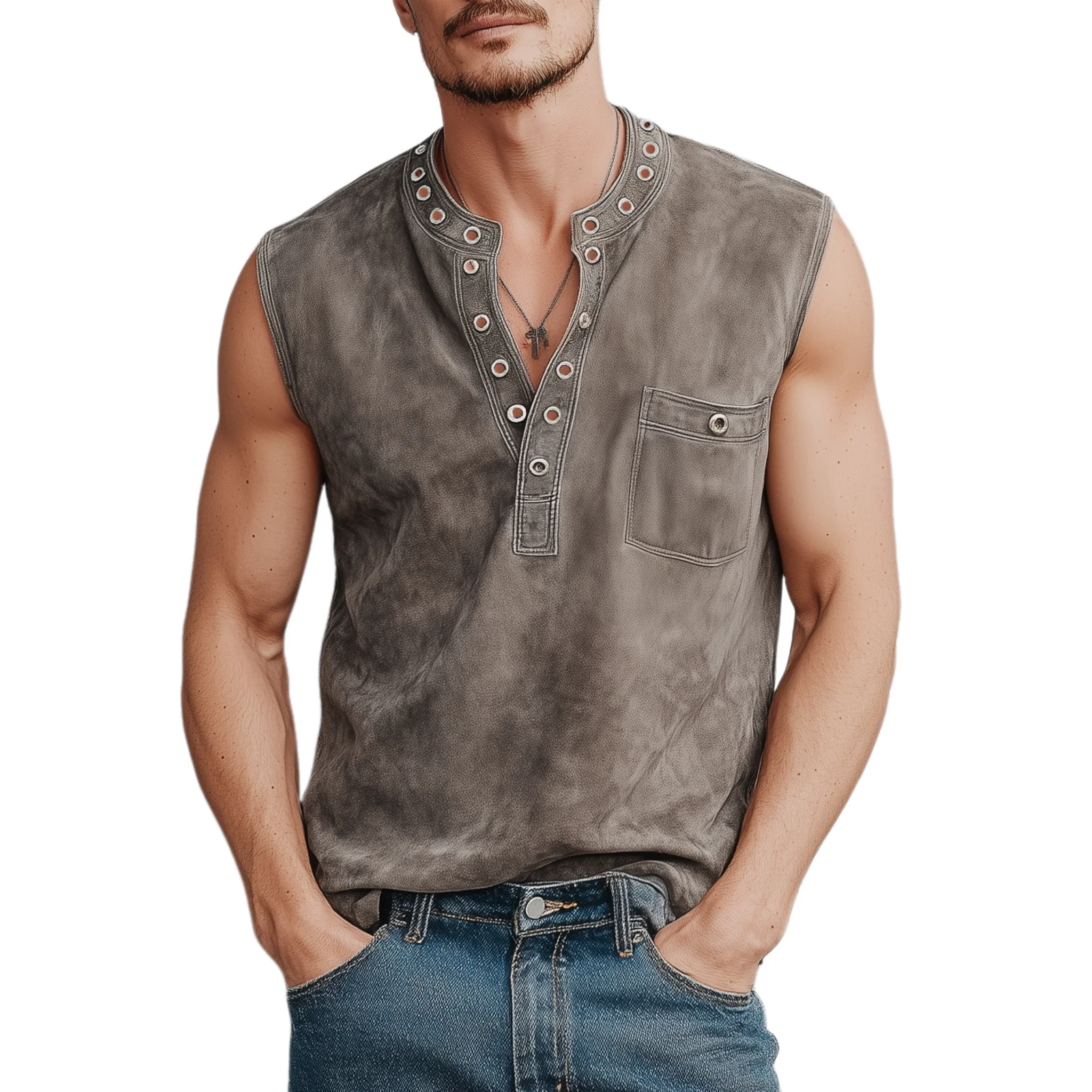 Theo | Men'S Spring And Summer Casual Thin Suede Henry Collar Decorated Rivet Slim Fit Tank Top