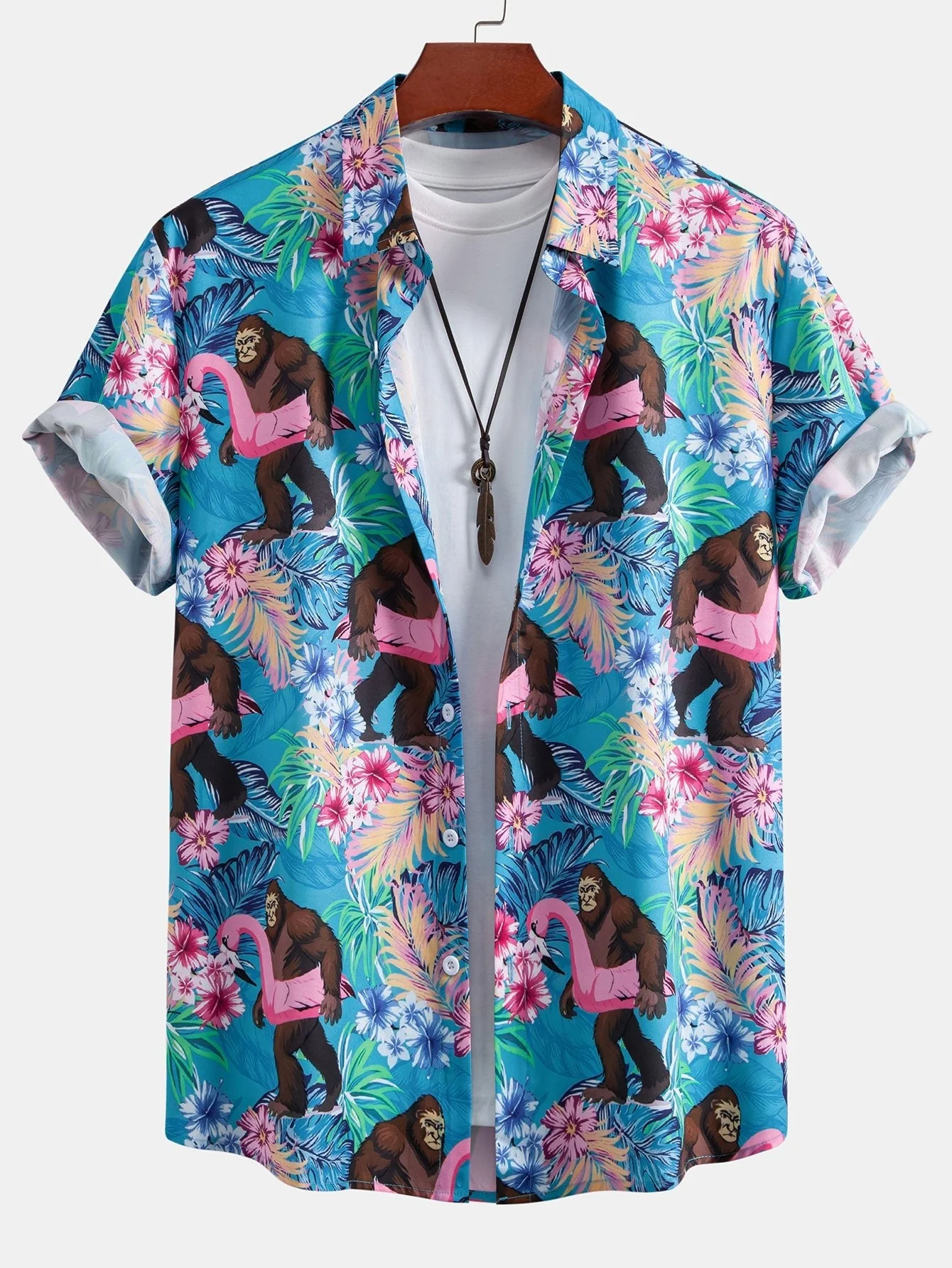 Timoteo® | Tropical Plants And Orangutan Print Button Up Shirt