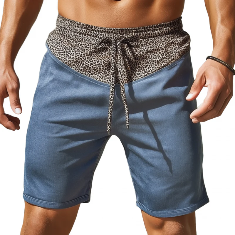 Tracey | Men'S Casual Cotton Blend Leopard Print Colorblock Elastic Waist Drawstring Loose Shorts