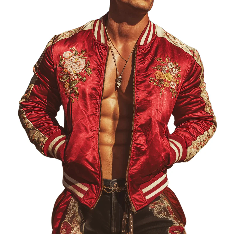 William | Men'S Vintage Casual Floral Embroidered Satin Baseball Jacket