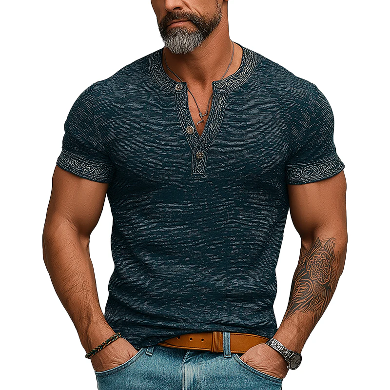 Zane | Men'S Summer Fashion Retro Printed Polyester Blended Short Sleeve Henley Shirt